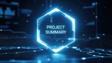 Futuristic glowing Project Summary hexagon over digital circuit background
