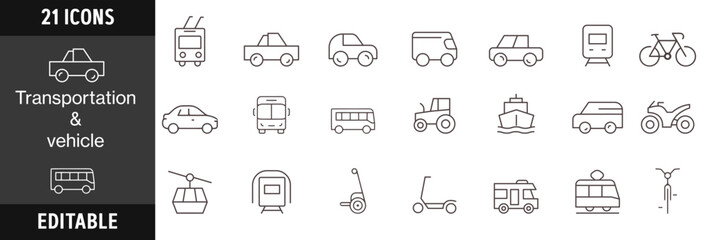Vehicle simple line icons. Transport, car, plane, ship, train, helicopter, bike, truck, subway, yacht editable stroke icon.