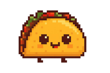 Cute pixel art taco character with a happy face, smiling, for a retro gaming or food concept, transparent background