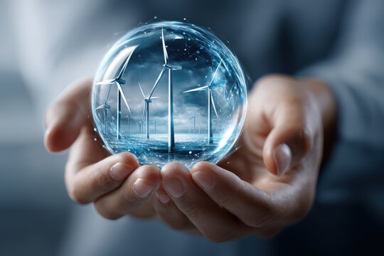 Innovative hands holding a crystal sphere with wind turbines and a virtual landscape inside