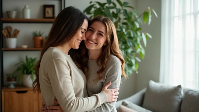 Two women embracing affectionately in a cozy living room, conveying a sense of friendship and comfort..