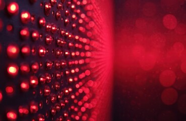 Red LED lights create abstract background. Illuminated dots in darkness form modern pattern. Glowing circles give bright effect. Suitable for futuristic projects and tech visuals.