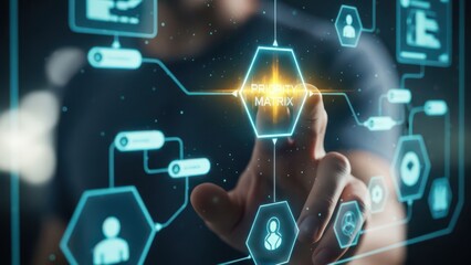 Human hand interacting with priority matrix virtual digital interface