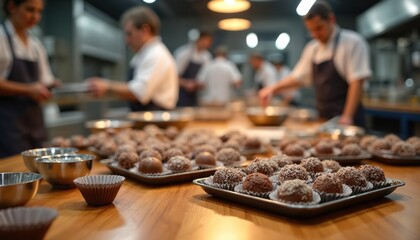 Chefs prepare chocolate truffles in a busy kitchen. People create sweet confections at a culinary class. Artisans roll cocoa balls, add toppings for dessert.