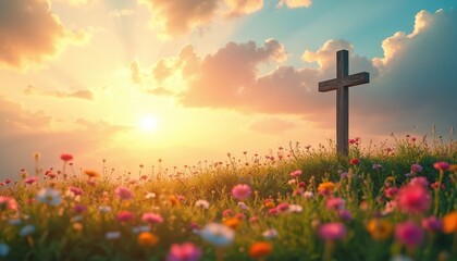 Wooden cross on grassy hill with colorful flowers under warm sunrise sky. Rays of light shine through clouds over blooming spring meadow. Religious symbol of hope and resurrection.