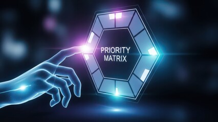 Human hand touching priority matrix display on dark background