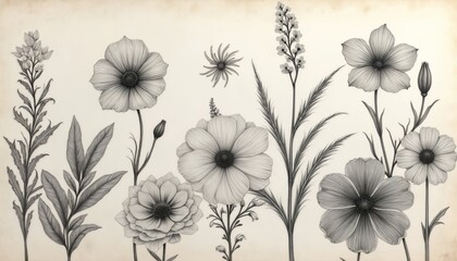 Detailed botanical illustration diverse flora in monochrome style. Delicate line art various flowers plants, foliage creating vintage aesthetic. Intricate design suitable for natural themes