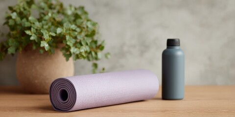 Yoga mat is laying on a table next to a bottle