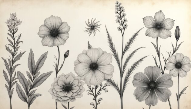 Detailed botanical illustration diverse flora in monochrome style. Delicate line art various flowers plants, foliage creating vintage aesthetic. Intricate design suitable for natural themes