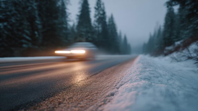 Car is driving down a snowy road at night