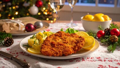 Ein goldbraun knuspriges Schnitzel wird zusammen mit Kartoffelsalat und Zitronenscheiben serviert 