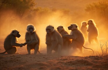 A troop of baboons takes a dust bath on African plains at sunset. They gather in a herd, kicking up dirt and dust in the warm, golden light of dusk. Their fur is illuminated by the low sun.