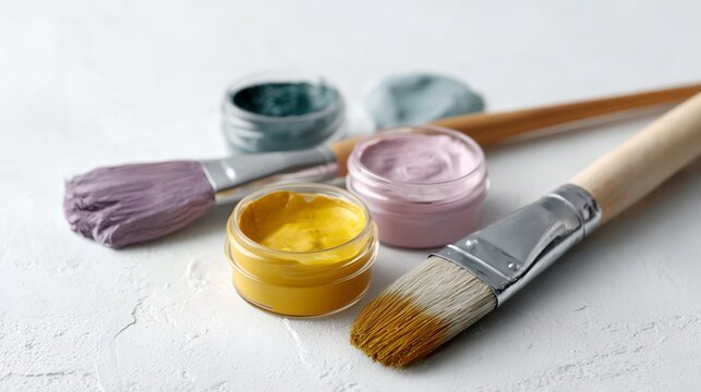 Collection of paint brushes and tubes of paint on a white background