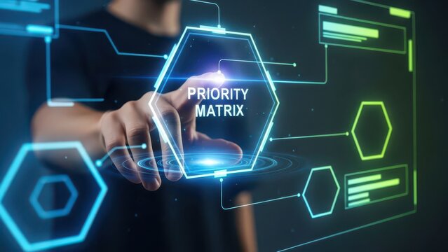 Man using futuristic digital priority matrix interface screen
