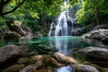 Tranquil Waterfall Cascades into Clear Pool in Lush Forest