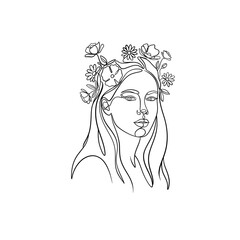 Minimalist one-line illustration of a woman with a floral crown, modern continuous line art with elegant botanical details.