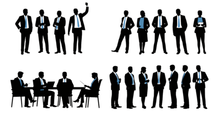 Abstract figures standing in a group on a dark black background
