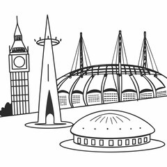 Detailed Ink Line Art Illustration of a Futuristic City Skyline