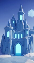 Low Poly Ice Castle with Glowing Windows - A Winter Kingdom