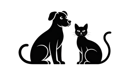 Mysterious silhouette of dog and cat in the dark looking cute together