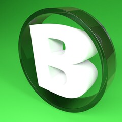 B alphabetic letter in a glass circle, on a green background - 3D rendering illustration