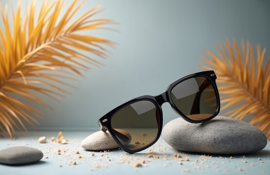 Stylish black sunglasses rest on pebbles by sandy beach. Golden palm leaves frame image, suggesting summer fashion accessory. Perfect for travel ads and promotions.
