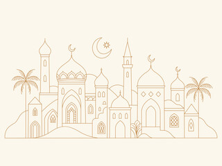 Ramadan Kareem background in a modern linear style. Islamic greeting card template with a city with palm trees. Vector poster illustration.