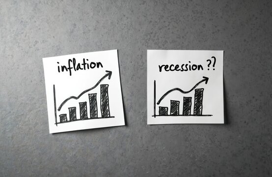 Photo of handwritten charts illustrating inflation and potential recession. Graphs show rising prices and economic downturn concerns. Financial crisis concept depicted with business and economy theme.