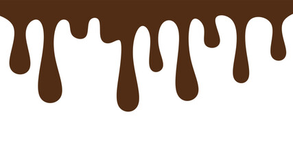 Melted chocolate or syrup drips isolated on a white background. Flowing liquid chocolate border element. A sweet brown syrup or sauce that melts and drips.