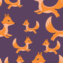 Seamless pattern with cute fox baby on color background. Funny forest animals. Card, postcards for kids. Flat vector illustration for fabric, textile, wallpaper, poster, paper.