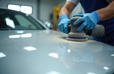 Car hood is being polished by mechanic using power tool. Person in blue gloves works on auto body repair in a shop. Vehicle gets detailing treatment for perfect finish.