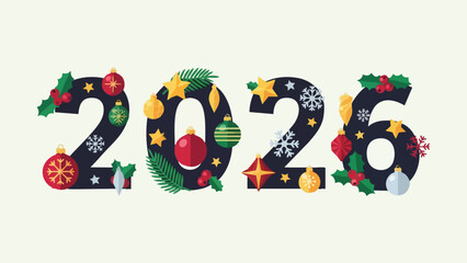Decorative New Year 2026 number icon with festive Christmas ornaments, stars, snowflakes, and holly