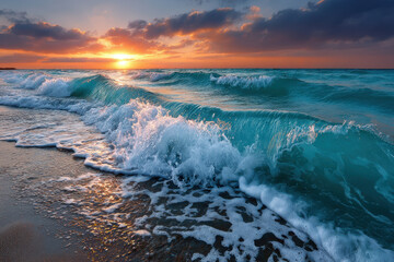 Naklejka premium Turquoise Ocean Waves Crashing at Golden Sunset