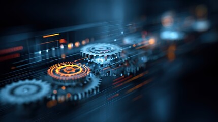 Fototapeta premium Interconnected Gears: A captivating visual of interconnected gears, meticulously crafted and illuminated with vibrant blue and orange hues, representing innovation, progress.