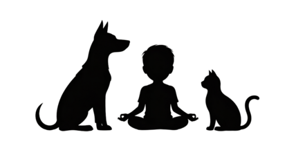 Meditating person with dog and cat silhouettes in peaceful darkness
