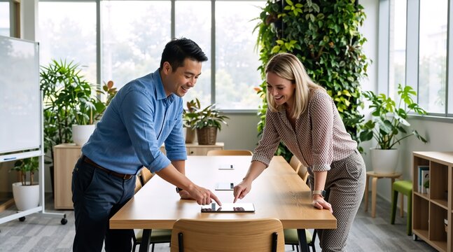 Diverse colleagues collaborating on a digital tablet in a modern eco-friendly office. Smiling Asian man and Caucasian woman discussing business strategy - Powered by Adobe