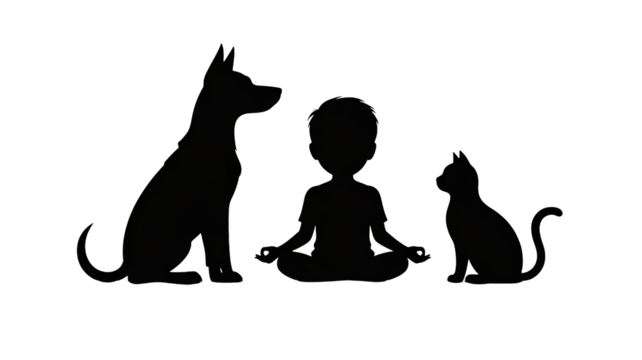 Meditating person with dog and cat silhouettes in peaceful darkness
