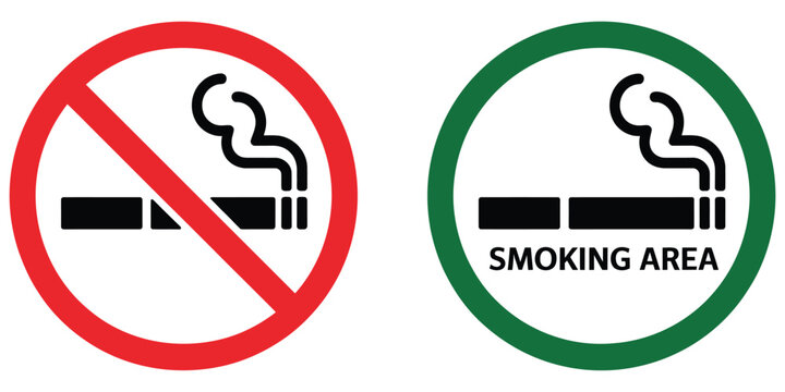 No smoking area and smoking area sign, printable red and green no smoking symbol, ban symbol, forbidden icon, stop symbol, no smoke circle, prohibition sign, smoking ban icons, public safety sy