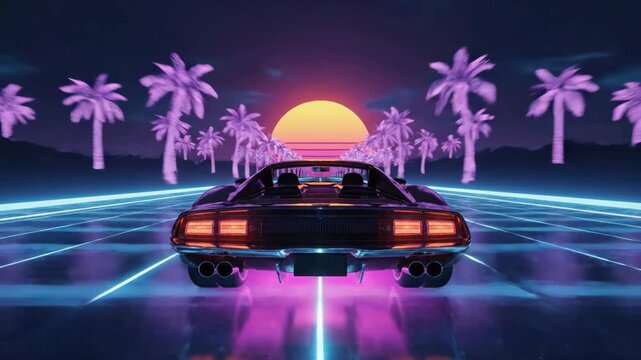 Retro sunset cruise with vintage car and neon lights, Synthwave drive: 80s car cruising through a neon-lit cityscape with palm trees