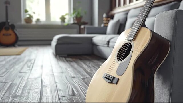 An acoustic guitar leans against a gray sofa in a brightly lit living room with another guitar visible in the background