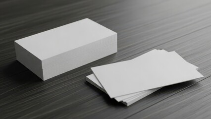 Blank white business cards stacked on a dark wooden table, ready for branding