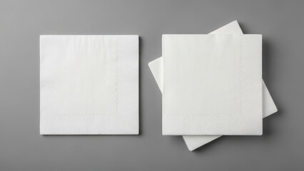 Two white paper napkins displayed on a plain gray background