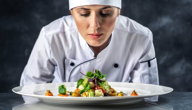 Gourmet Chef Inspecting Artfully Plated Vibrant Fresh Dish Under Professional Studio Lighting in High End Restaurant Kitchen Atmosphere - Powered by Adobe
