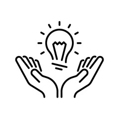 Hands with lightbulb vector icon, editable line icon, outline creative concept