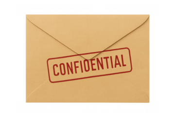 Confidential document envelope with red stamp, indicating secrecy, privacy, and sensitive information, on a transparent background