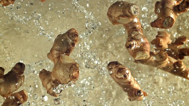 Fresh ginger flies up and falls down on a light background. Filmed on a high-speed camera at 1000 fps. High quality FullHD footage