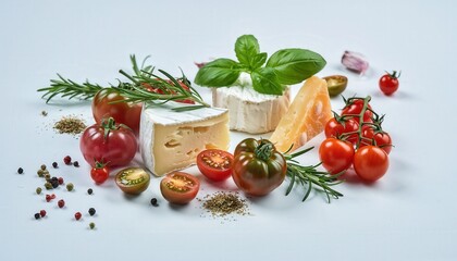 Gourmet Ingredients Artfully Arranged with Farm to Table Freshness Featuring Cheeses Tomatoes Herbs and Spices on a White Background with Soft Lighting and Shallow Depth of Field