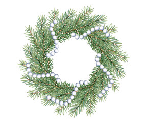 Christmas wreath of green fir branches with pearl bead decoration. Christmas round chaplet for new year. Spruce decorative element for the New Year. Watercolor illustration hand drawn for decoration