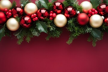 Merry Christmas and Happy Holidays greeting card, frame, banner. New Year. Noel. Red and white Christmas decorations and g top view. Winter xmas holiday celebration