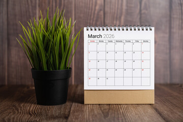 March 2026 Desk Calendar On Wood Table